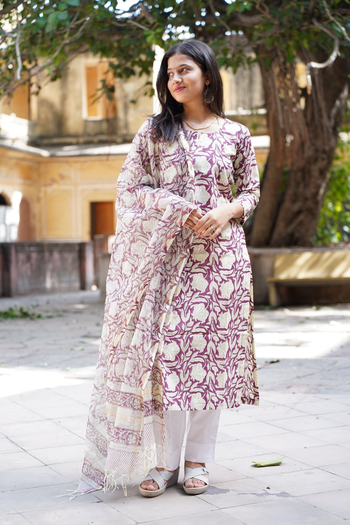 Mirari  Handblock Print Straight Kurti with Plain Pant & Kota Doriya Dupatta