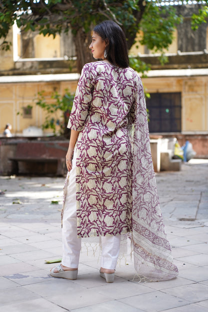 Mirari  Handblock Print Straight Kurti with Plain Pant & Kota Doriya Dupatta