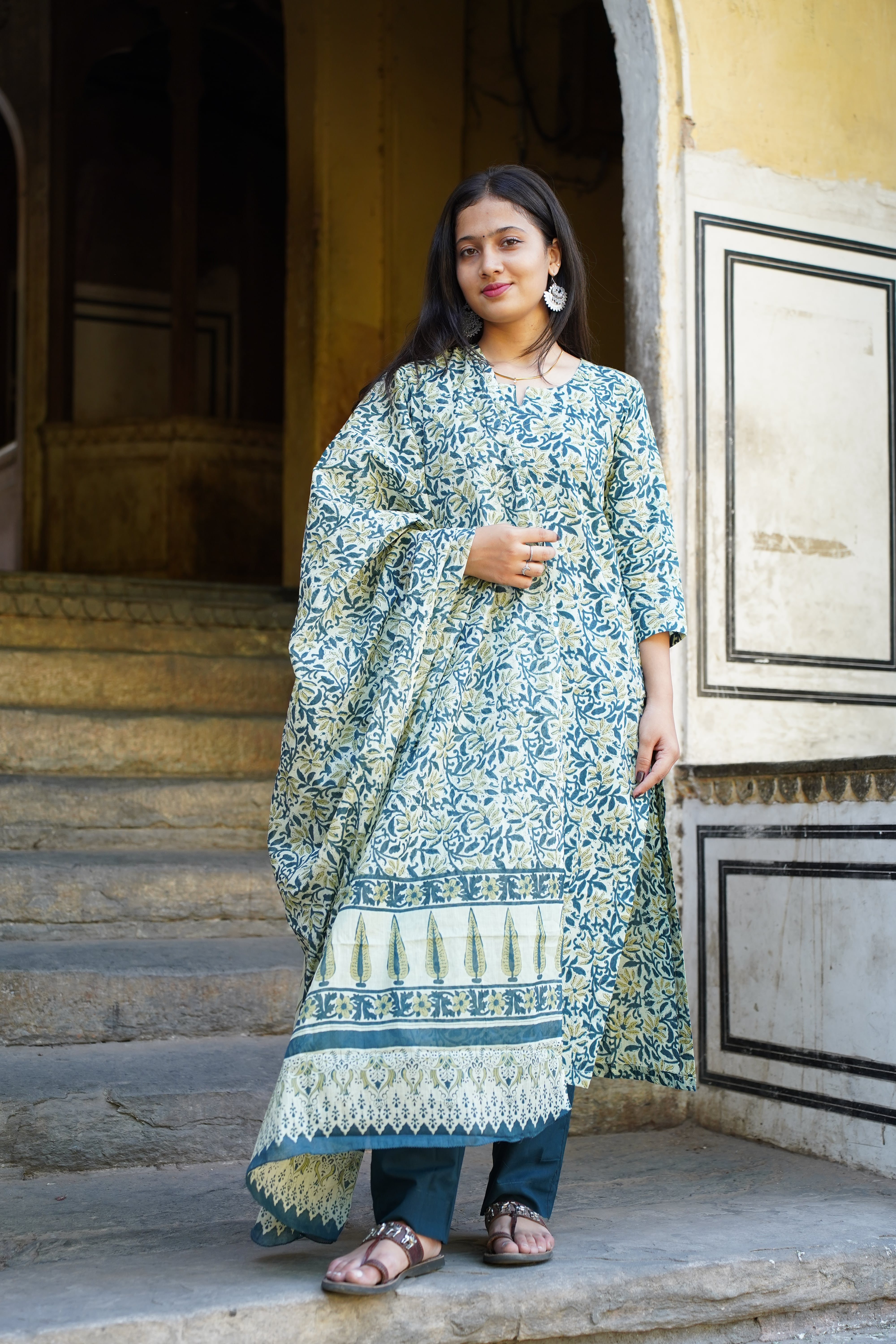 Teal Tarang Block Print Straight Kurti with Plain Pant & Cotton Dupatta