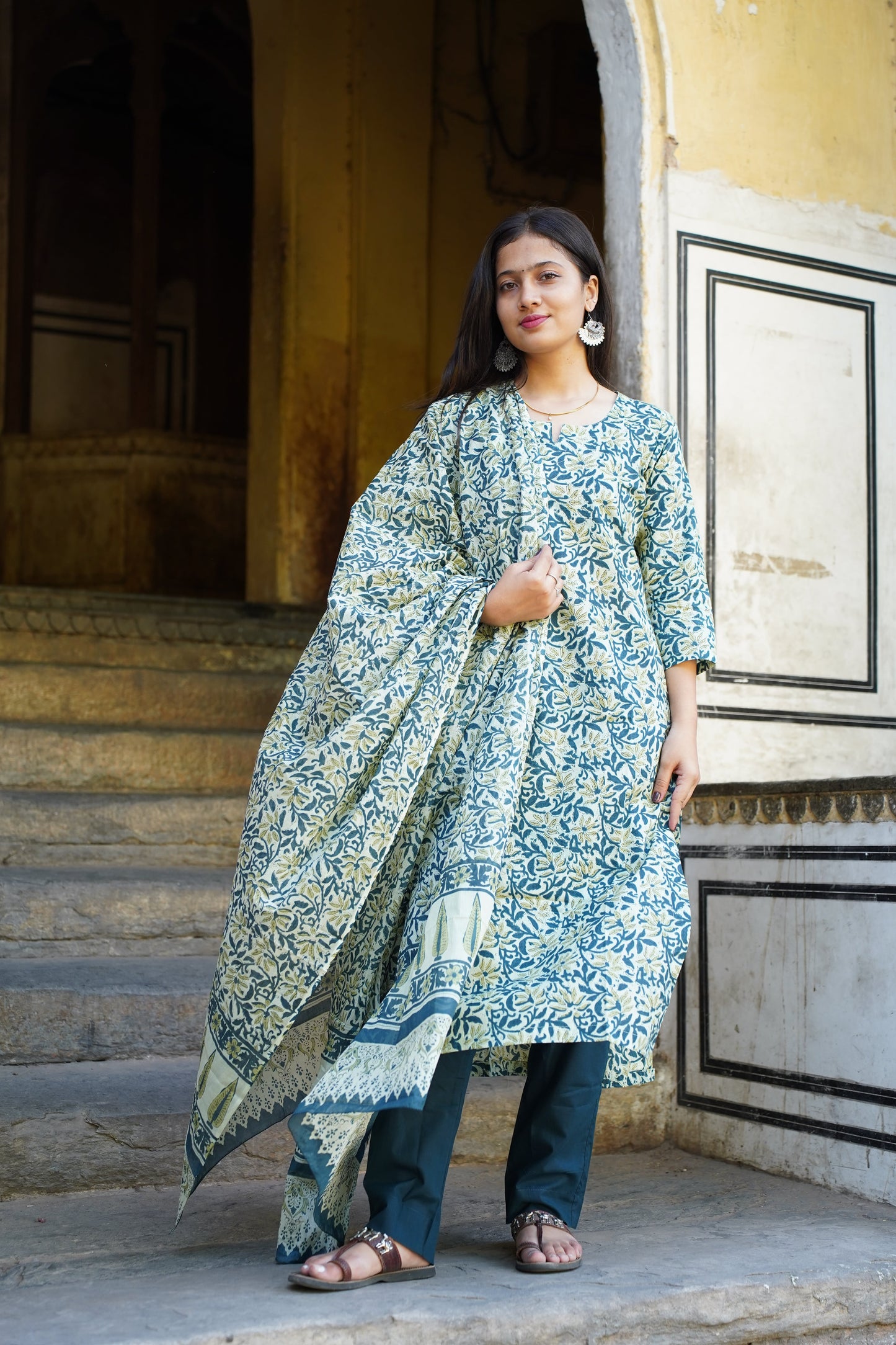 Teal Tarang Block Print Straight Kurti with Plain Pant & Cotton Dupatta