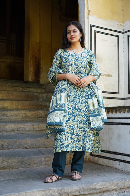 Teal Tarang Block Print Straight Kurti with Plain Pant & Cotton Dupatta