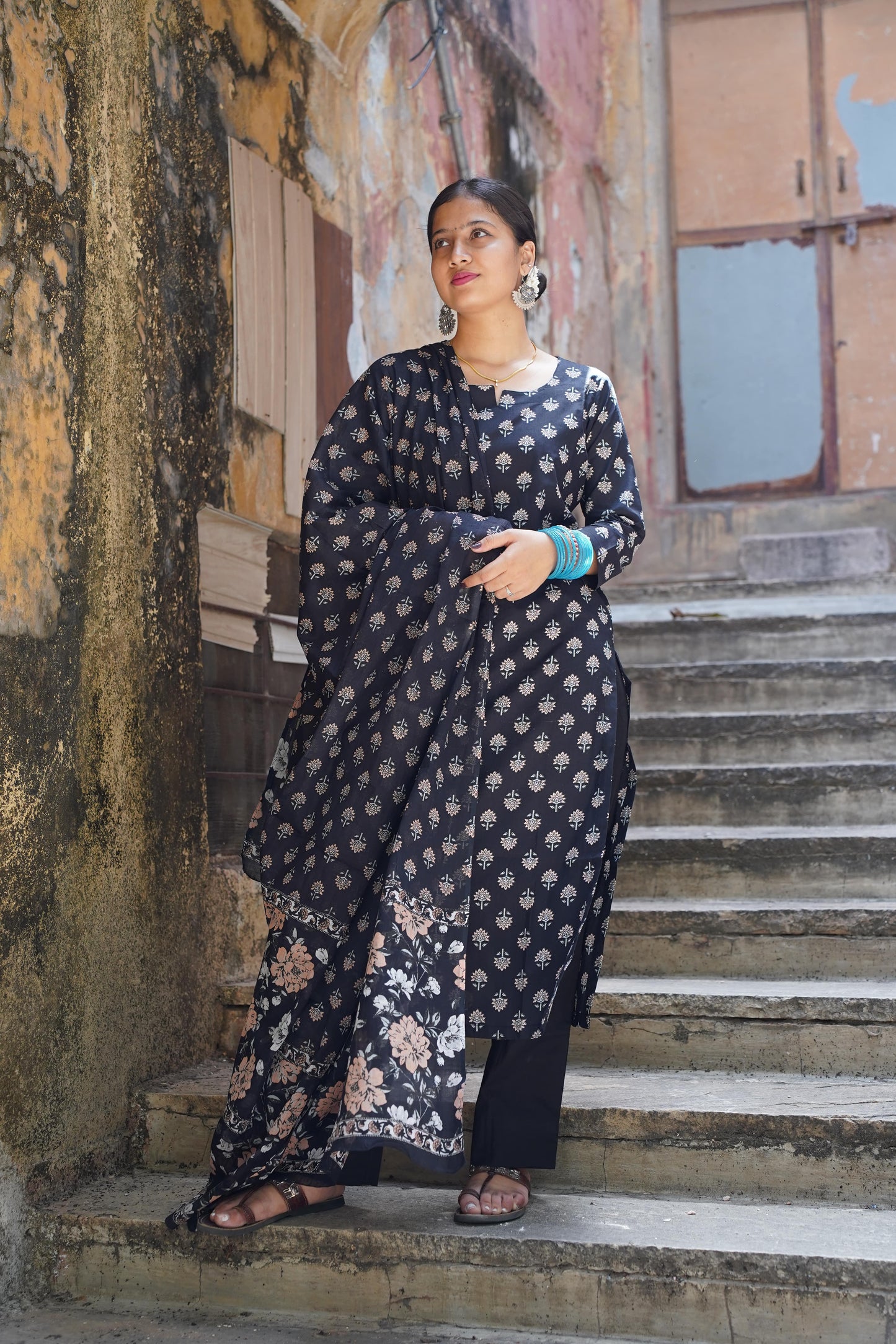 Suramya Block Print Straight Kurti with Plain Pant & Cotton Dupatta