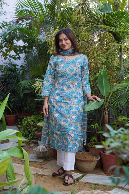 "ROOHANI BLUE" Straight Kurta and plan Pant with Kota doriya dupatta