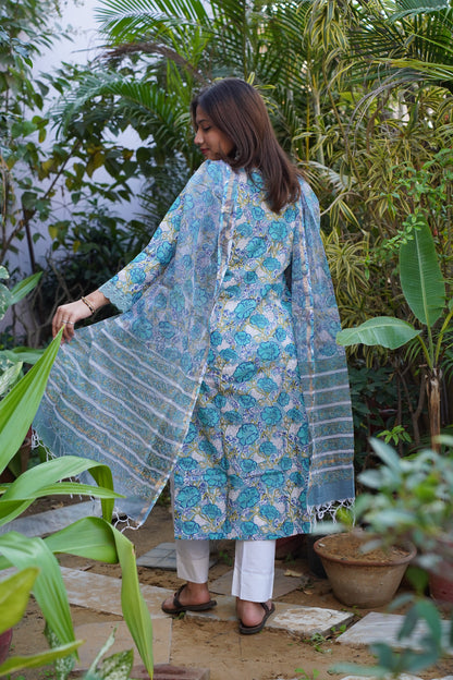 "ROOHANI BLUE" Straight Kurta and plan Pant with Kota doriya dupatta