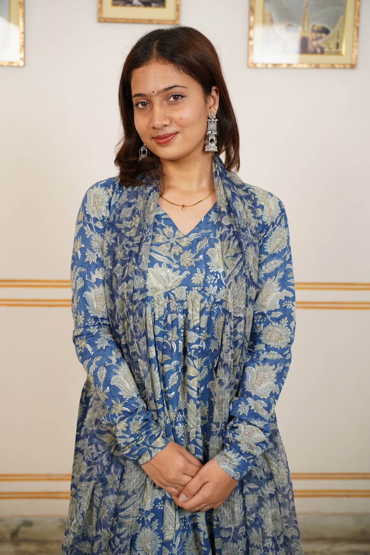 APSARA Handblock Alia Kurti With Plain Pant And Kota Doriya Dupatta