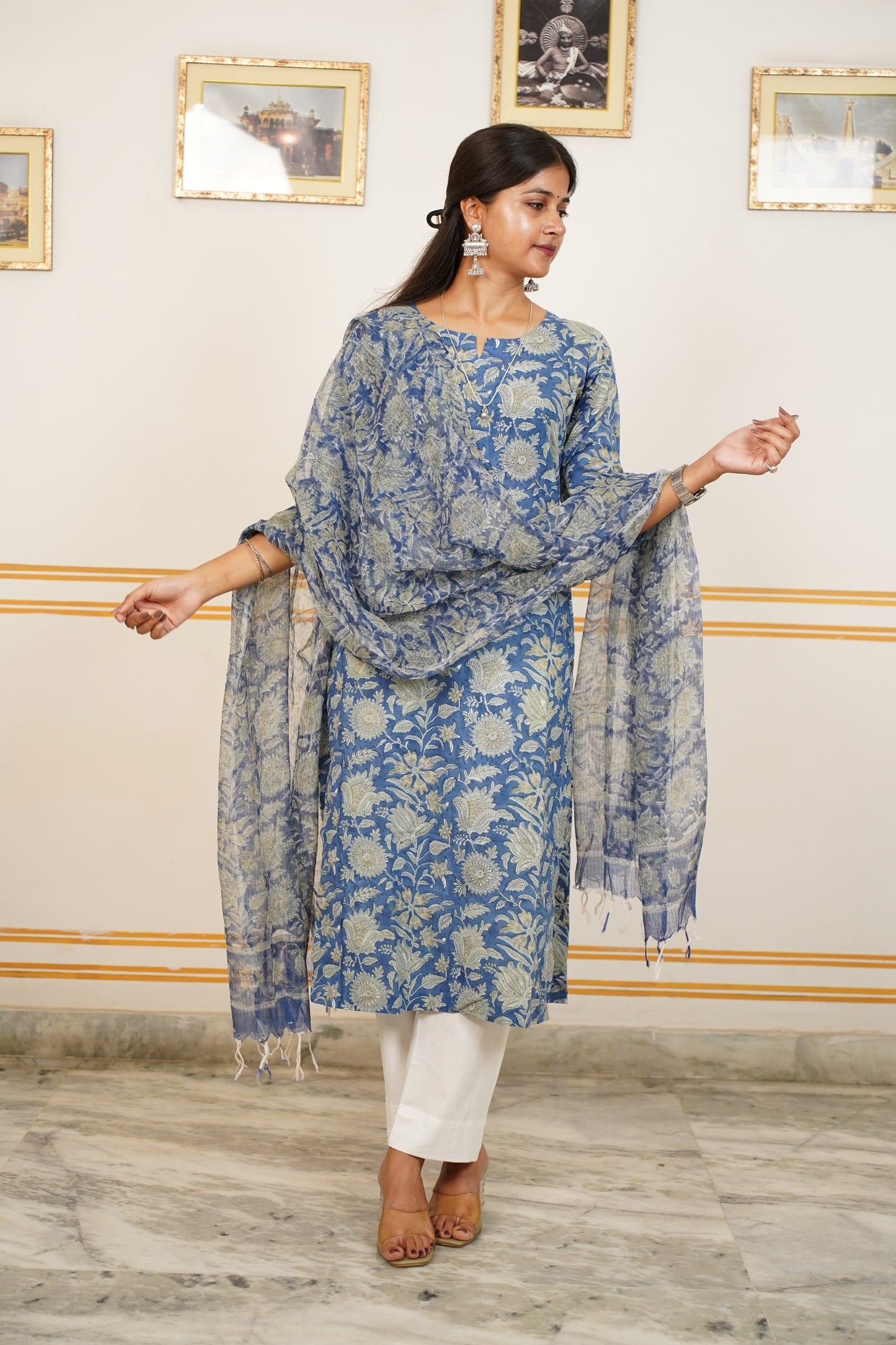 APSARA Handblock Straight Kurti With Plain Pant And Kota Doriya Dupatta