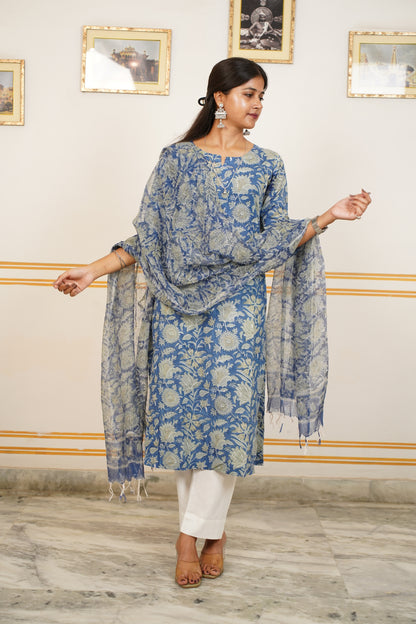 APSARA Handblock Straight Kurti With Plain Pant And Kota Doriya Dupatta