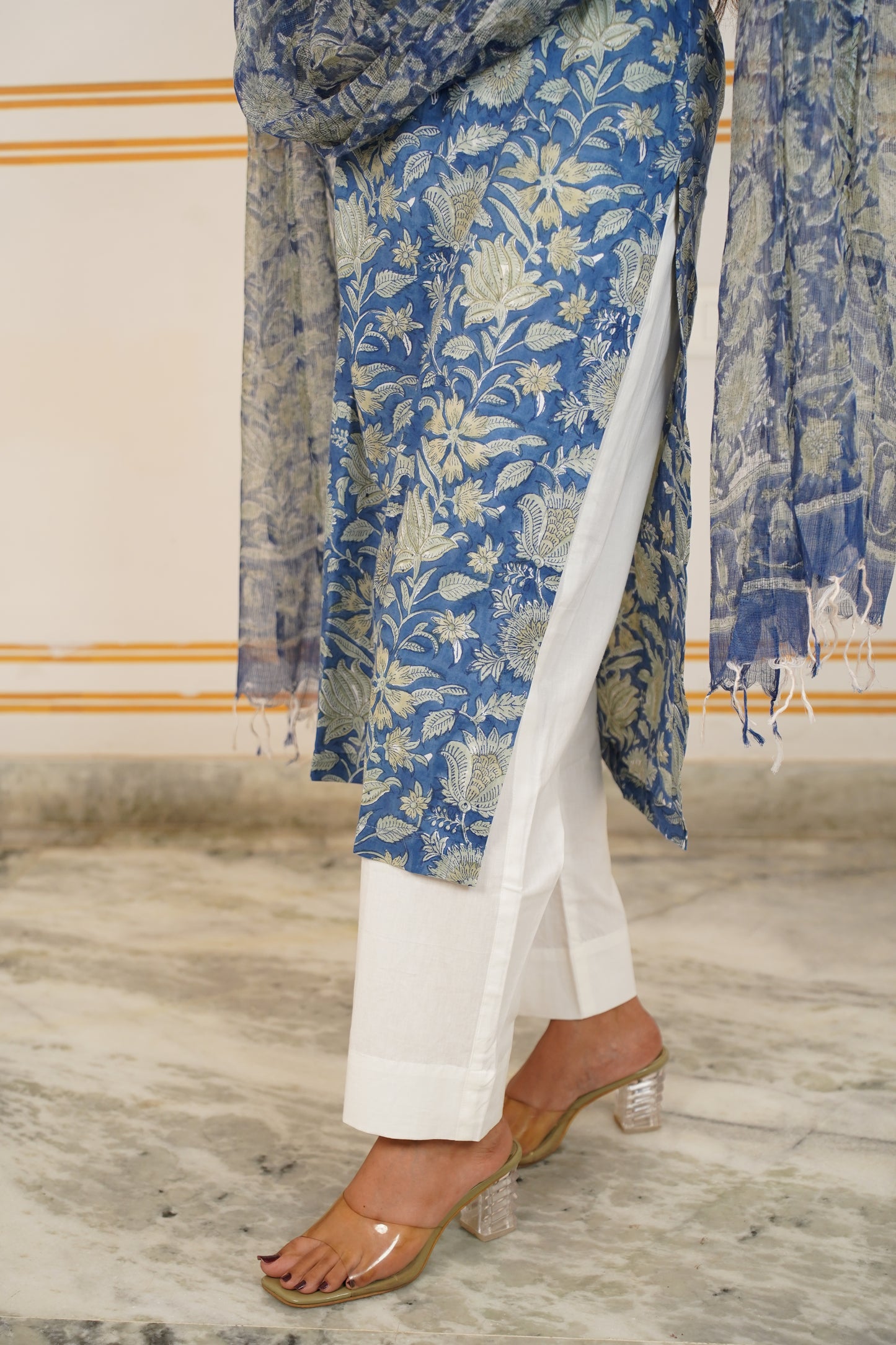 APSARA Handblock Straight Kurti With Plain Pant And Kota Doriya Dupatta