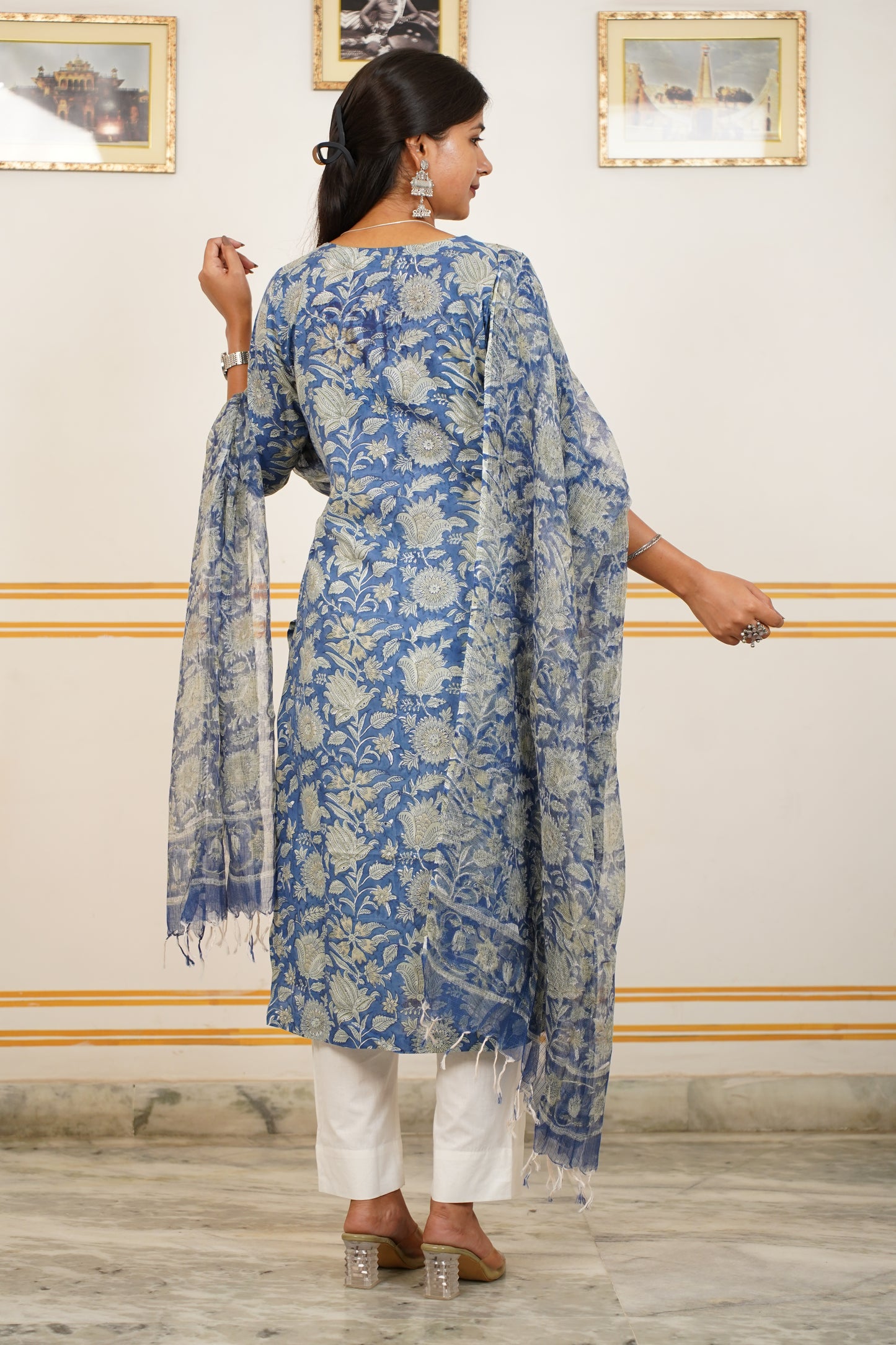 APSARA Handblock Straight Kurti With Plain Pant And Kota Doriya Dupatta