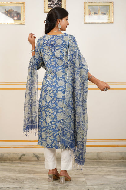 APSARA Handblock Straight Kurti With Plain Pant And Kota Doriya Dupatta
