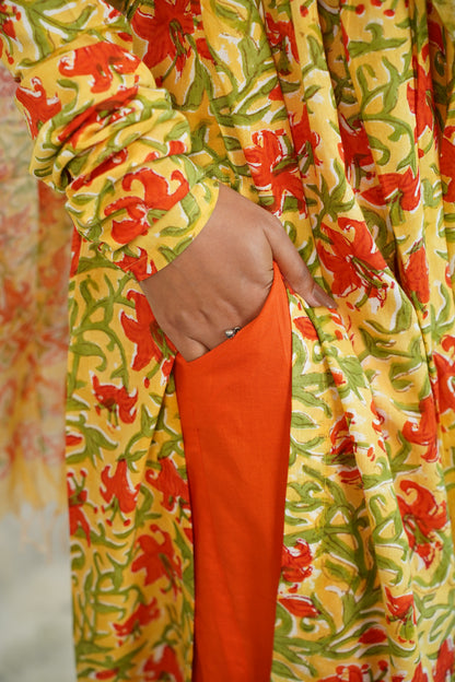 SAFFRON Handblock Alia Kurti With Plain Pant And Kota Doriya Dupatta