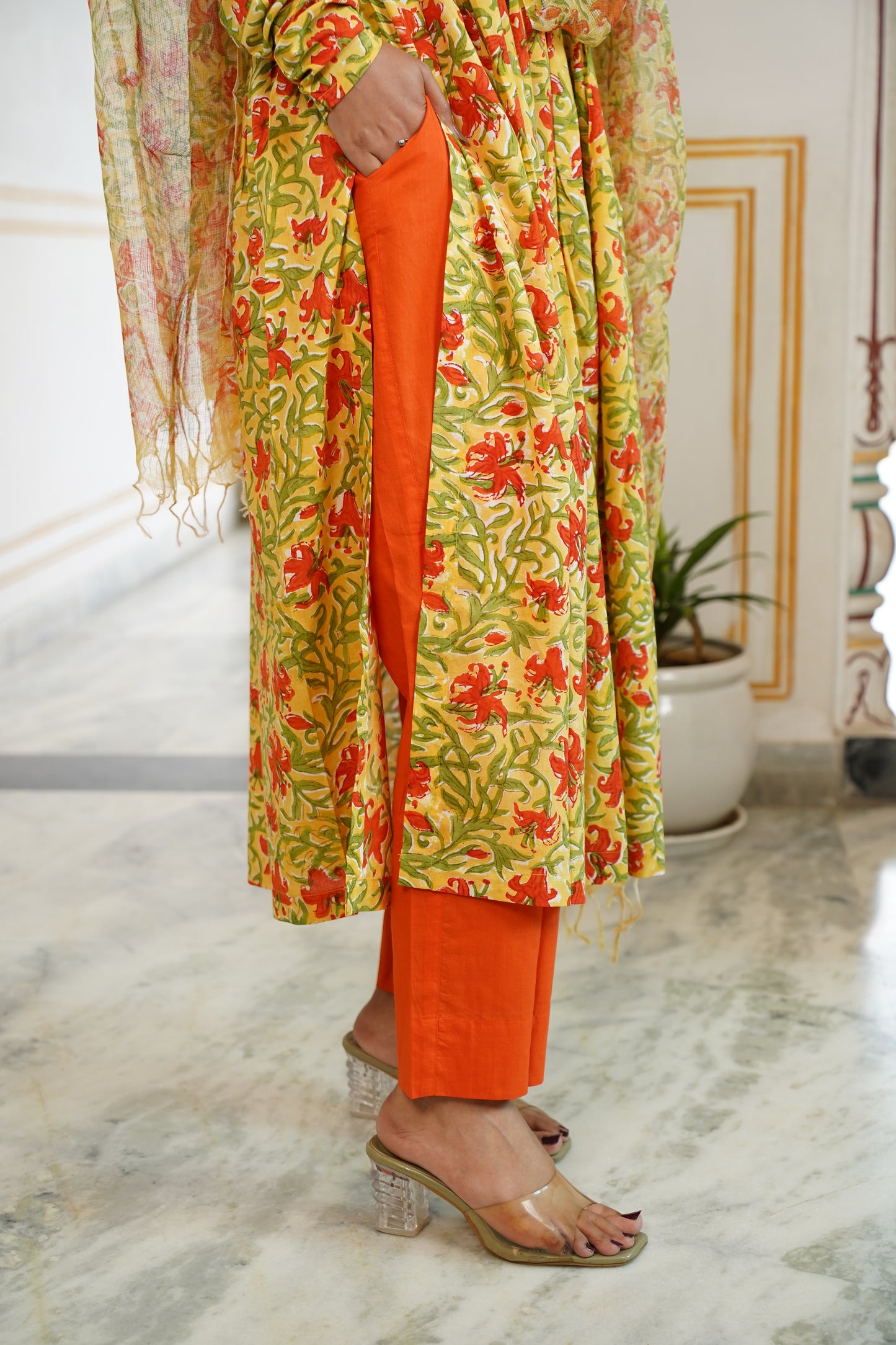 SAFFRON Handblock Alia Kurti With Plain Pant And Kota Doriya Dupatta