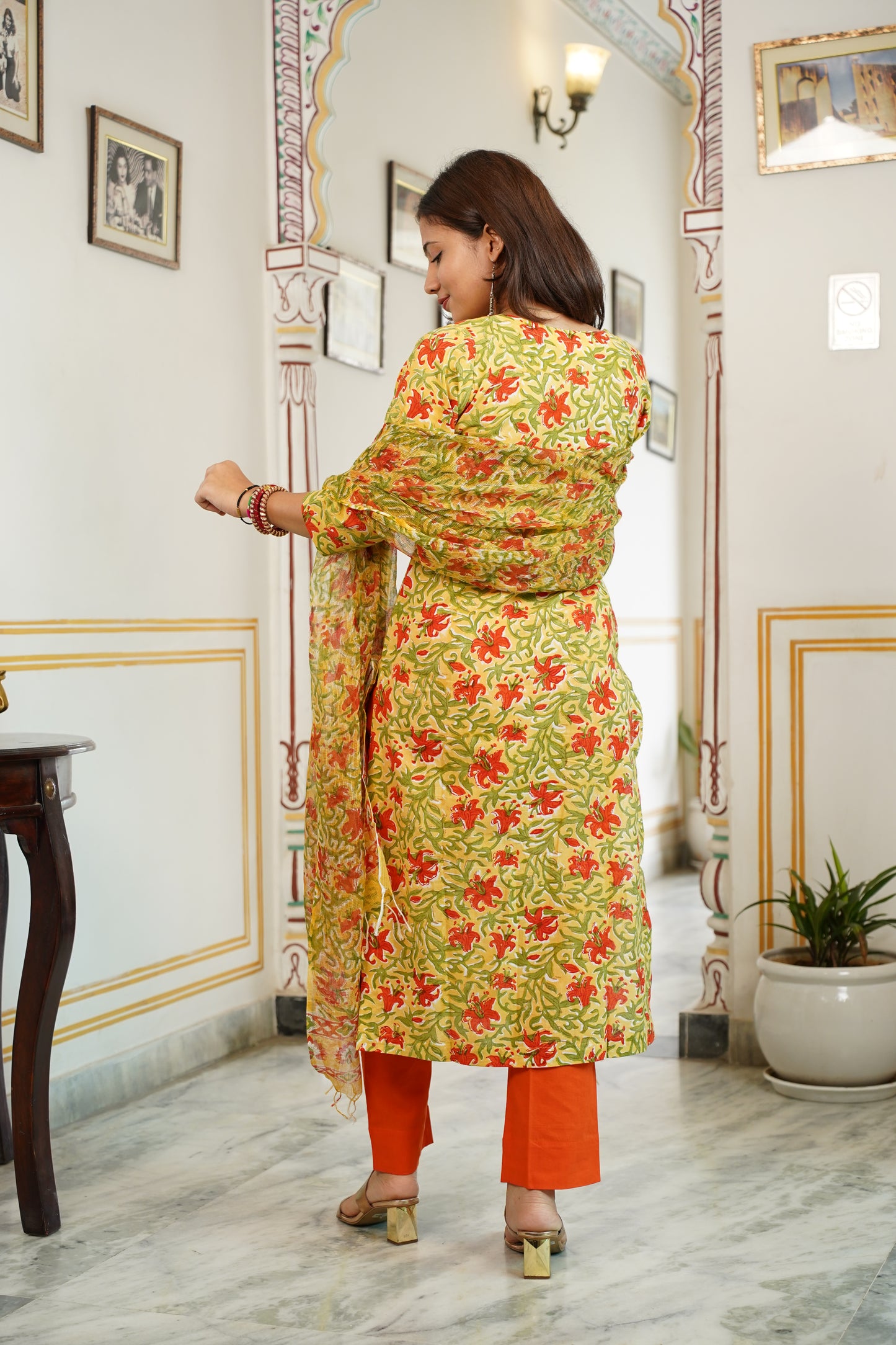 SAFFRON Handblock Straight Kurti With Plain Pant And Kota Doriya Dupatta