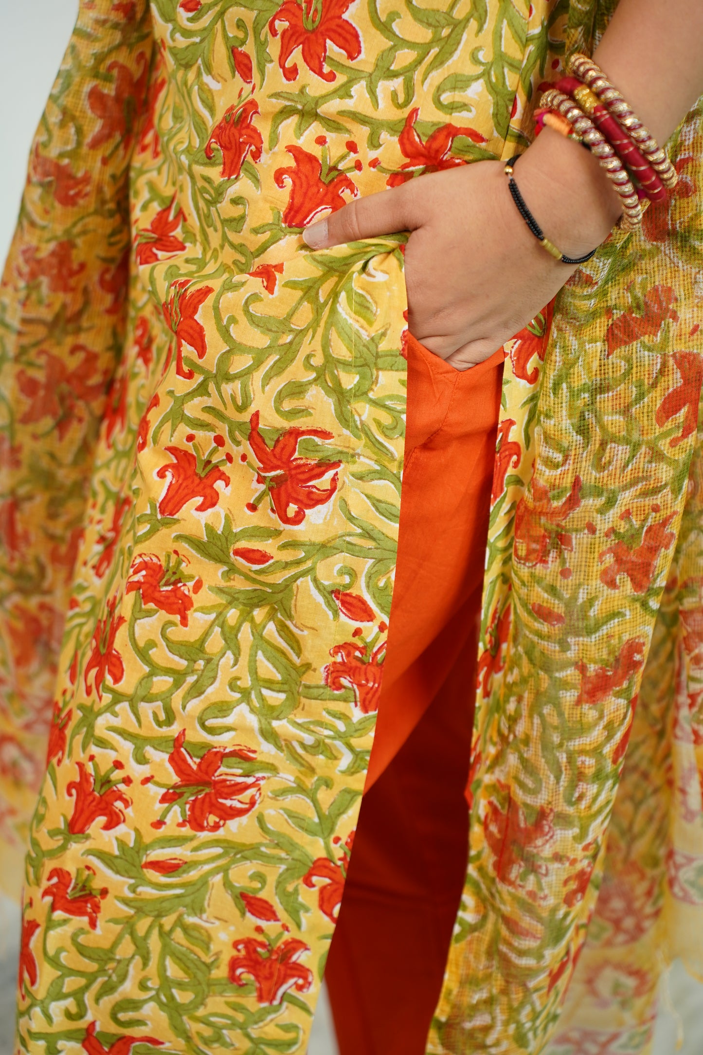 SAFFRON Handblock Straight Kurti With Plain Pant And Kota Doriya Dupatta
