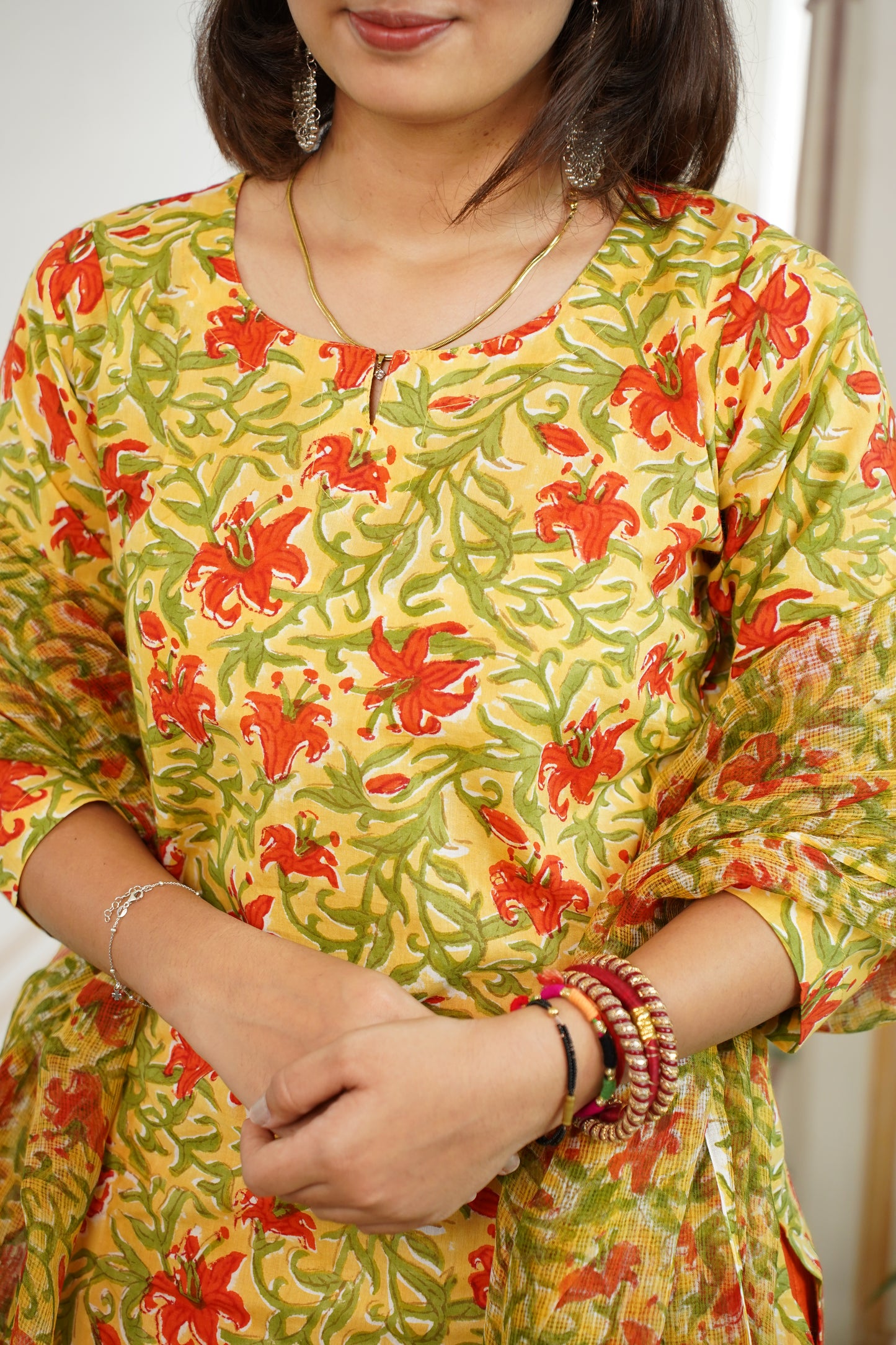SAFFRON Handblock Straight Kurti With Plain Pant And Kota Doriya Dupatta