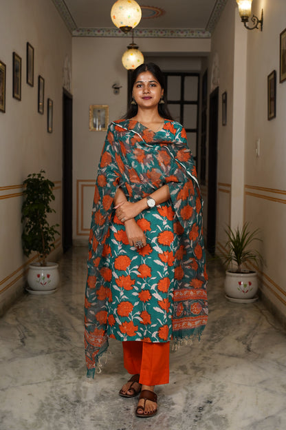 "NYURA" Handblock Straight Kurti With Plain Pant And Kota Doriya Dupatta