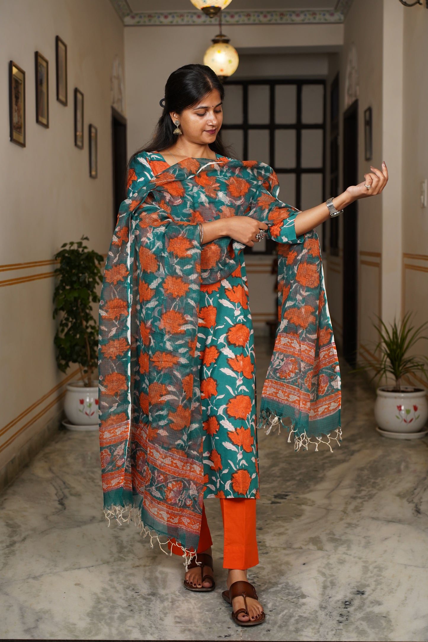 "NYURA" Handblock Straight Kurti With Plain Pant And Kota Doriya Dupatta
