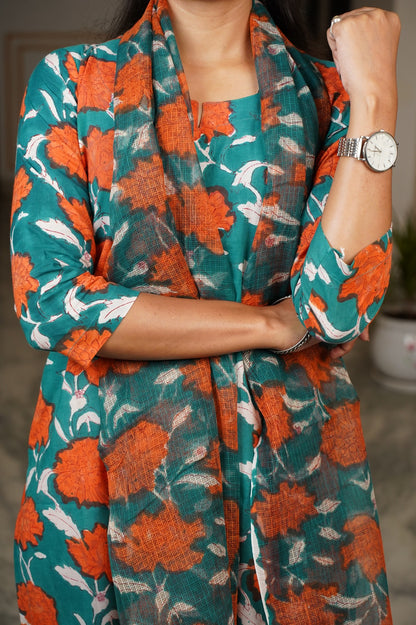 "NYURA" Handblock Straight Kurti With Plain Pant And Kota Doriya Dupatta