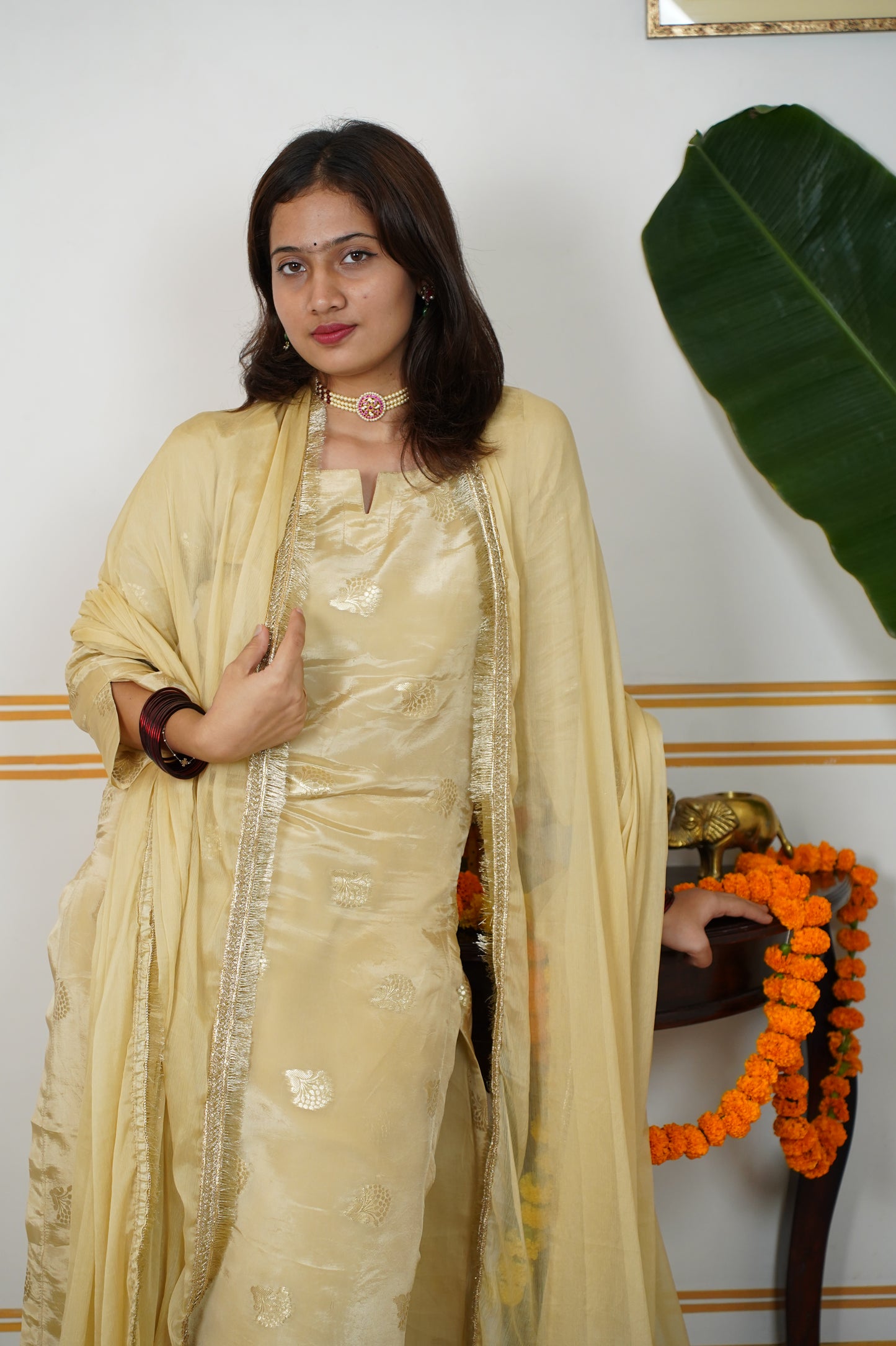 "SANGAMARMAR" HO Silk Kurti With Lining And Cotton Silk Pant With Chamunda Chiffon Golden Lace And Tussles Dupatta
