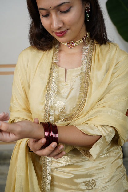 "SANGAMARMAR" HO Silk Kurti With Lining And Cotton Silk Pant With Chamunda Chiffon Golden Lace And Tussles Dupatta