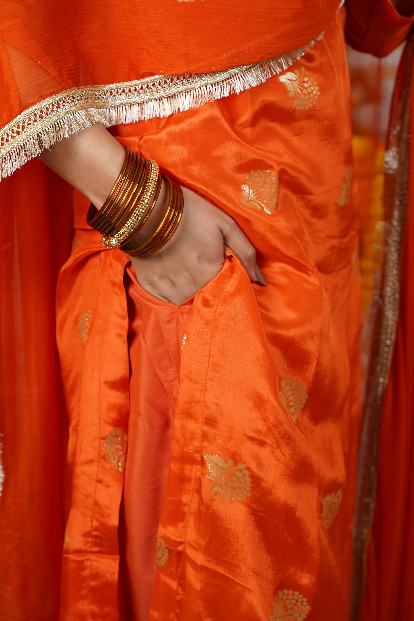 "NAARANGEE" HO Silk Kurti With Lining And Cotton Silk Pant With Chamunda Chiffon Golden Lace And Tussles Dupatta