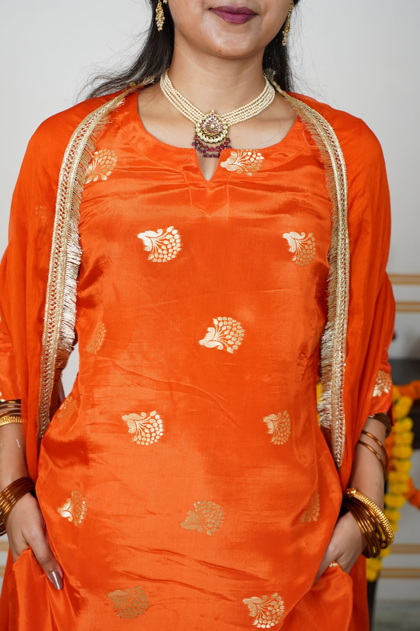 "NAARANGEE" HO Silk Kurti With Lining And Cotton Silk Pant With Chamunda Chiffon Golden Lace And Tussles Dupatta