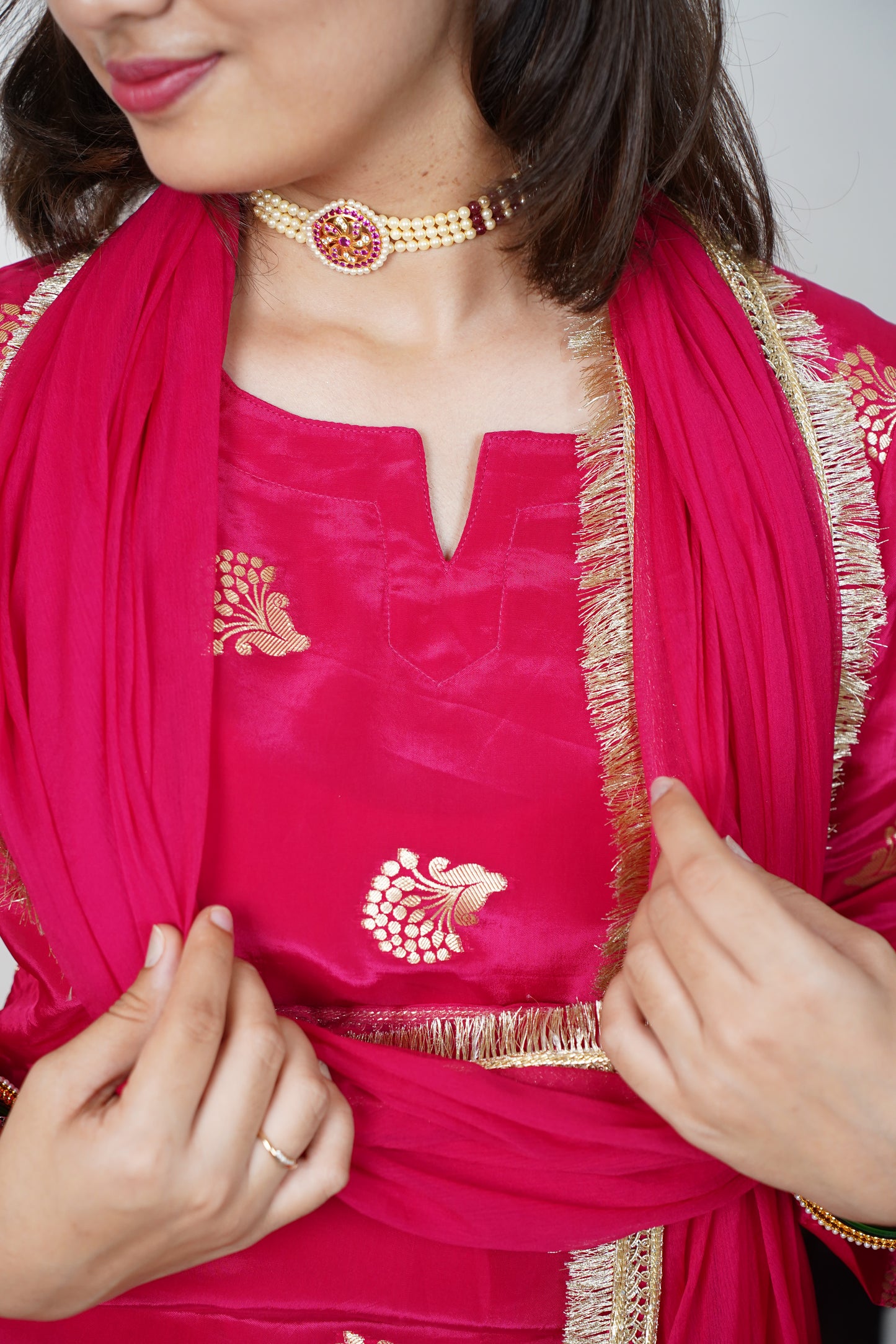 "RANI" HO Silk kurti With Lining and Cotton Silk Pant With Chamunda Chiffon With Golden Lace And Tussles Dupatta
