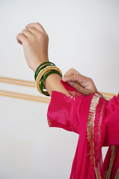 "RANI" HO Silk kurti With Lining and Cotton Silk Pant With Chamunda Chiffon With Golden Lace And Tussles Dupatta