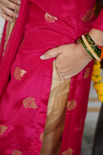 "RANI" HO Silk kurti With Lining and Cotton Silk Pant With Chamunda Chiffon With Golden Lace And Tussles Dupatta