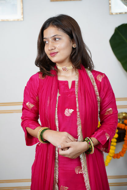 "RANI" HO Silk kurti With Lining and Cotton Silk Pant With Chamunda Chiffon With Golden Lace And Tussles Dupatta