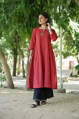 Red Anarkali Cotton with Plain Pant with Chanderi Duptta