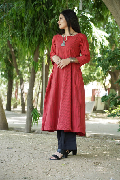 Red Anarkali Cotton with Plain Pant with Chanderi Duptta
