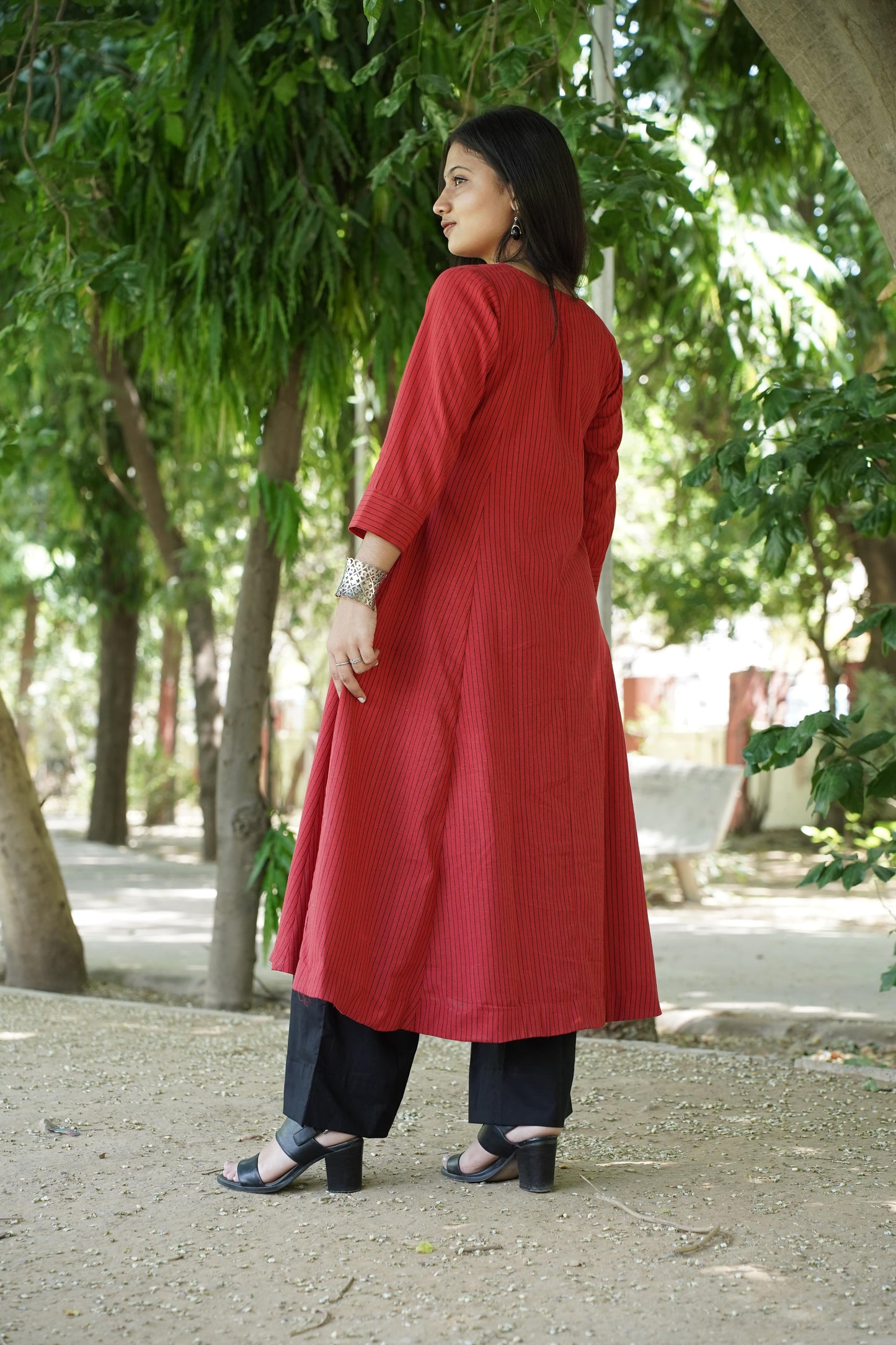 Red Anarkali Cotton with Plain Pant with Chanderi Duptta