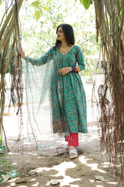 Teal Green  with Handblock Print Alia Kurti with Plain Pant & Kota Doriya Dupatta