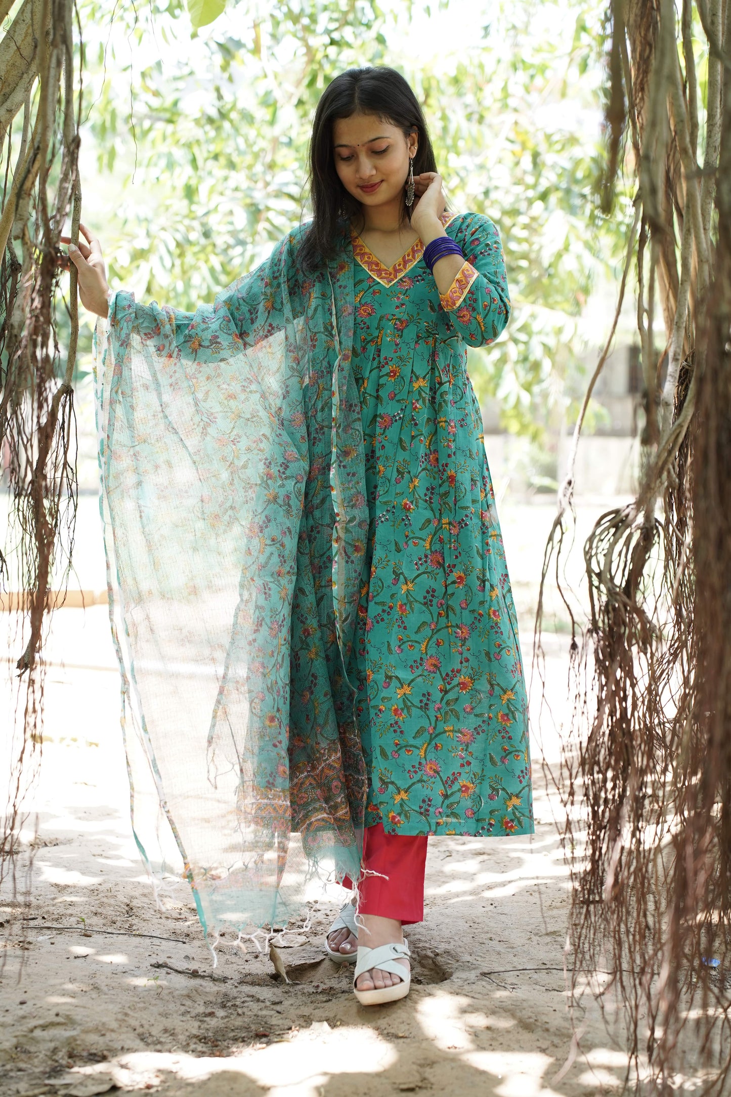Teal Green  with Handblock Print Alia Kurti with Plain Pant & Kota Doriya Dupatta