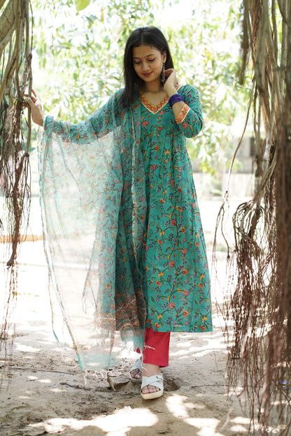 Teal Green  with Handblock Print Alia Kurti with Plain Pant & Kota Doriya Dupatta