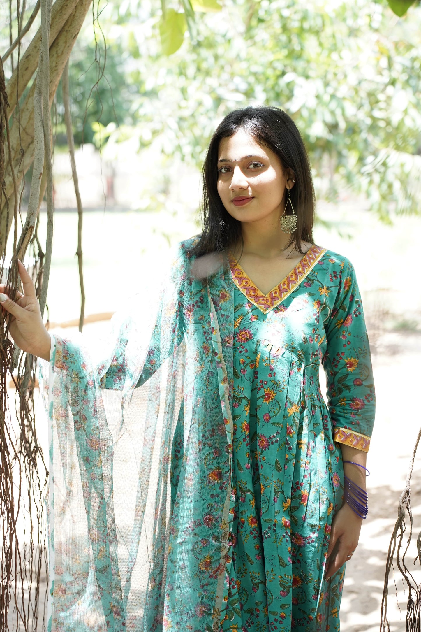 Teal Green  with Handblock Print Alia Kurti with Plain Pant & Kota Doriya Dupatta