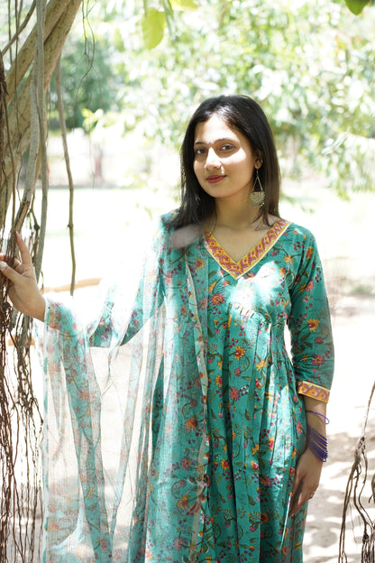 Teal Green  with Handblock Print Alia Kurti with Plain Pant & Kota Doriya Dupatta