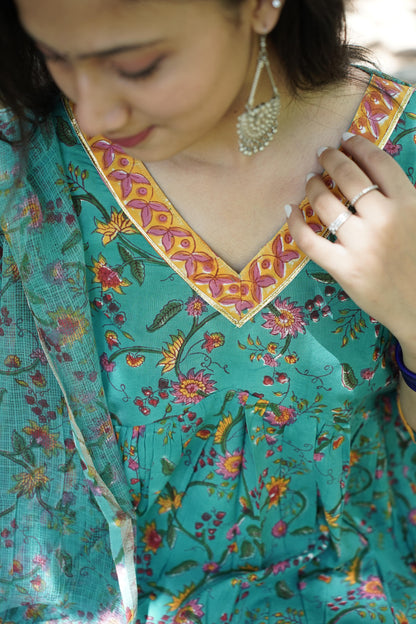 Teal Green  with Handblock Print Alia Kurti with Plain Pant & Kota Doriya Dupatta
