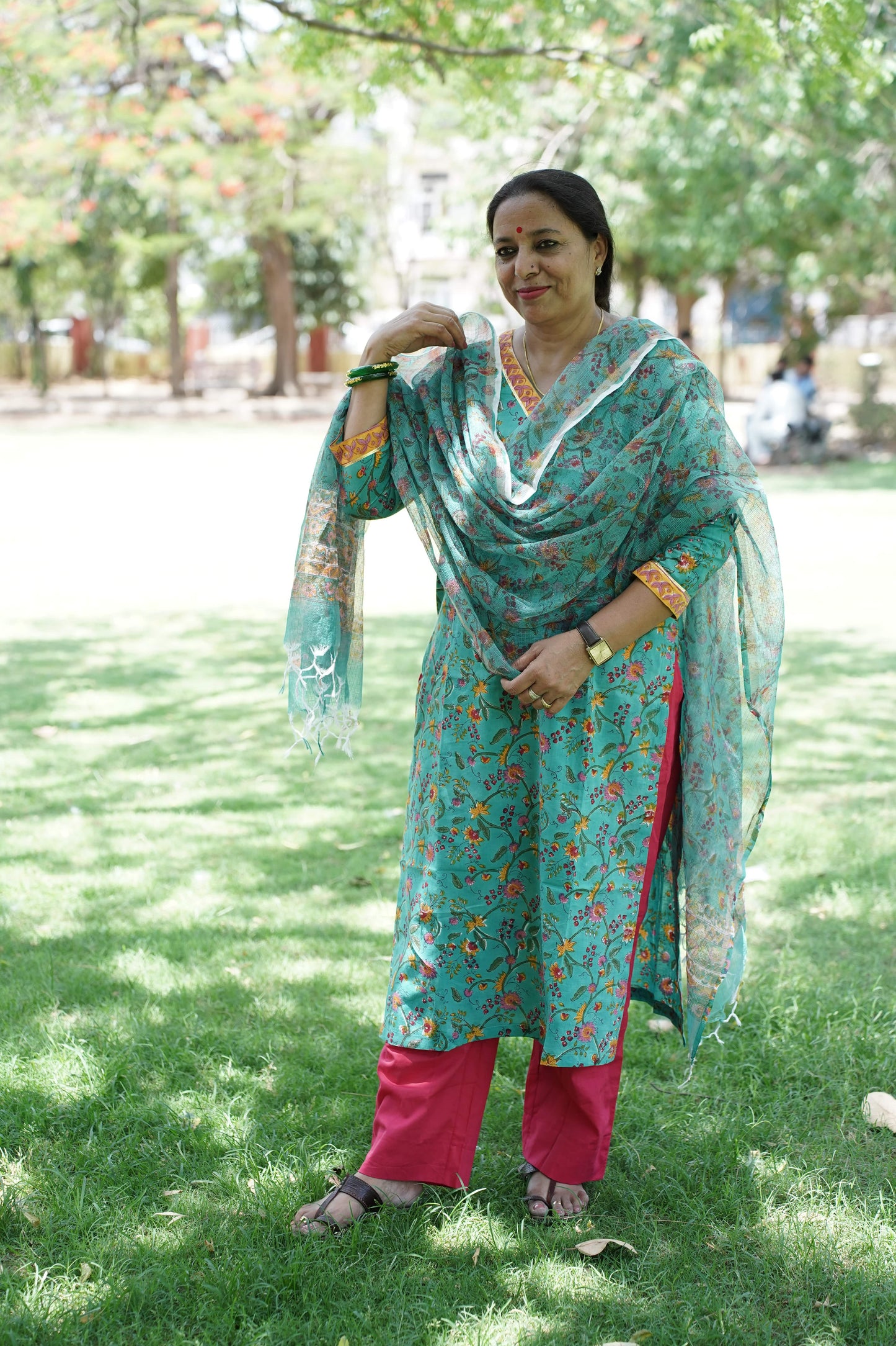 Teal Green  with Handblock Print Straight Kurti with Plain Pant & Kota Doriya Dupatta