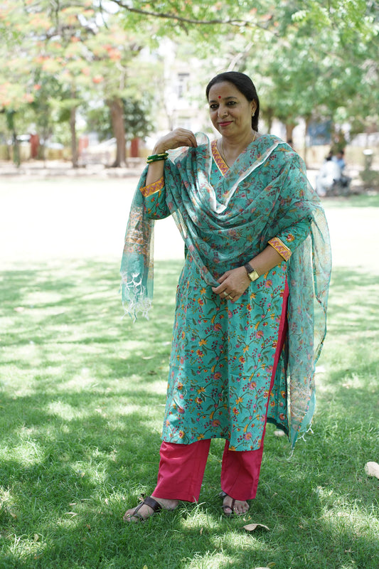 Teal Green  with Handblock Print Straight Kurti with Plain Pant & Kota Doriya Dupatta