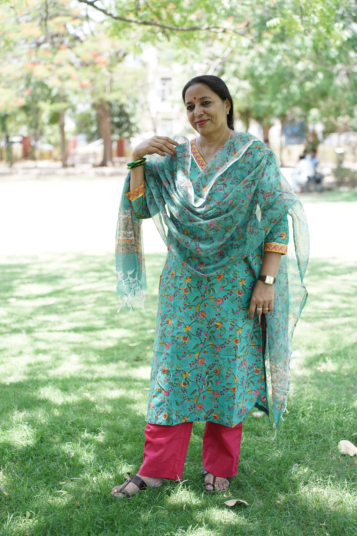 Teal Green  with Handblock Print Straight Kurti with Plain Pant & Kota Doriya Dupatta