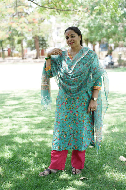 Teal Green  with Handblock Print Straight Kurti with Plain Pant & Kota Doriya Dupatta