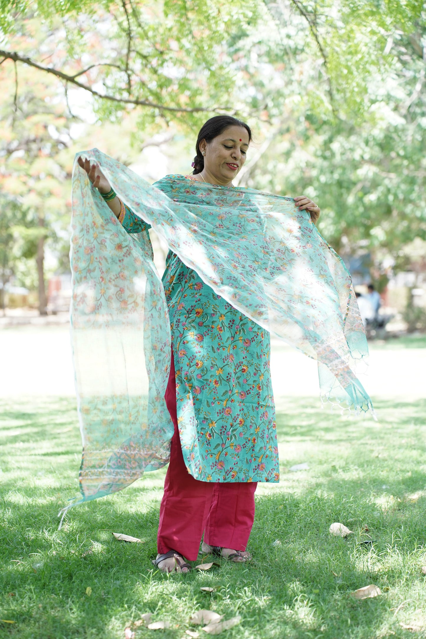 Teal Green  with Handblock Print Straight Kurti with Plain Pant & Kota Doriya Dupatta