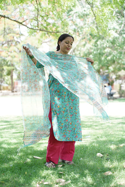 Teal Green  with Handblock Print Straight Kurti with Plain Pant & Kota Doriya Dupatta