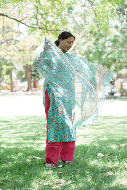 Teal Green  with Handblock Print Straight Kurti with Plain Pant & Kota Doriya Dupatta