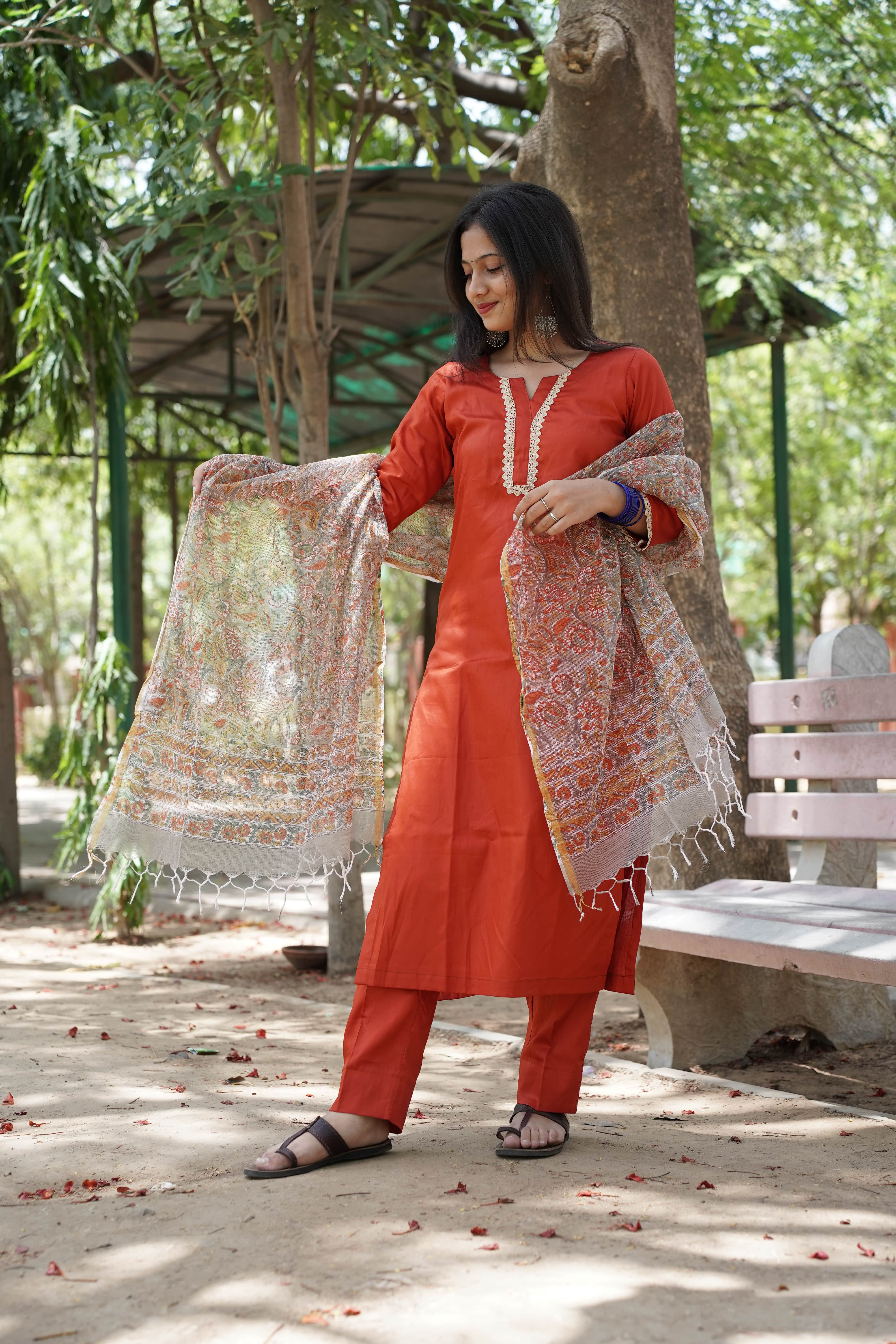 Rust Orange Glace Cotton Straight Kurti with Pant & Kota Doriya Dupatta