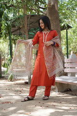 Rust Orange Glace Cotton Straight Kurti with Pant & Kota Doriya Dupatta