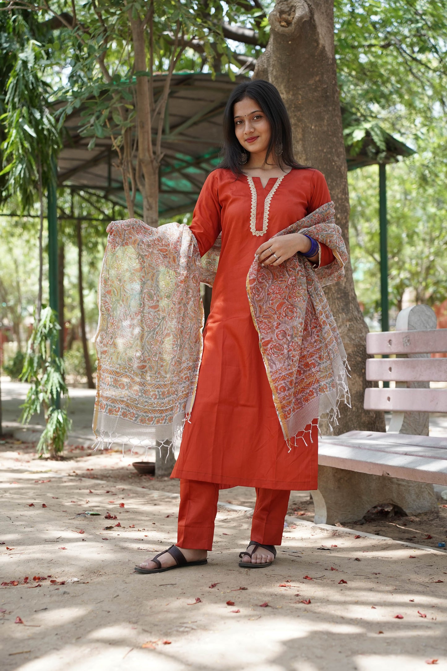 Rust Orange Glace Cotton Straight Kurti with Pant & Kota Doriya Dupatta