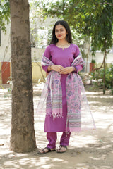 Purple Glace Cotton Straight Kurti with Pant & Kota Doriya Dupatta
